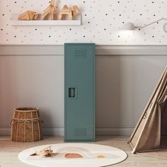 a blue locker sitting in the corner of a room next to a teepee tent