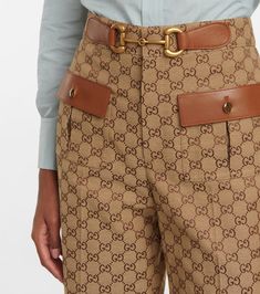 Gucci - Horsebit GG canvas straight pants | Mytheresa Gucci Women Clothes, Gucci Belt Outfit, Balmain Pants, High Low Fashion, Gucci Pants, Gucci Horsebit, Gucci Monogram, Skater Style, Straight Trousers