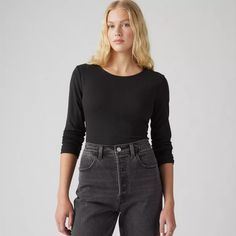 Dreamy Long Sleeve T-shirt - Black | Levi's® US Fitted Long Sleeve Crew Neck Top For Fall, Fall Fitted Long Sleeve Crew Neck Top, Fitted Long Sleeve Top With Crew Neck, Basic Fitted Long Sleeve Top For Everyday, Fall Scoop Neck Long Sleeve Top For Everyday, Fitted Long Sleeve T-shirt For Everyday, Trendy Levi's Tops For Fall, Levi's Long Sleeve Tops For Fall, Fitted Black Levi's Top