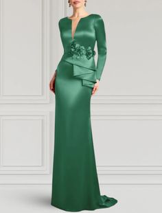 Sheath / Column Evening Gown Elegant Dress Formal Wedding Guest Sweep / Brush Train Long Sleeve V Neck Satin with Appliques Dress Formal Wedding Guest, Straight Wedding Dresses, Gown Elegant, Formal Wedding Guests, Mother Of The Bride Dresses Long, Cheap Evening Dresses, Dresses Formal Elegant, Evening Gowns Elegant, Bohemian Wedding Dresses