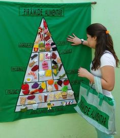 a woman standing next to a green wall holding a bag and looking at a food pyramid