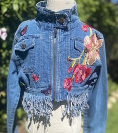 Fitted Spring Outerwear With Tassels, Blue Spring Outerwear With Tassels, Fitted Outerwear With Tassels For Spring, Spring Blue Outerwear With Tassels, Blue Outerwear With Tassels For Spring, Butterfly Jacket, Fringe Flower, Girls Fringe, Embellished Denim Jacket