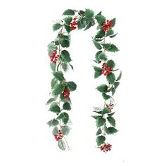 holly garland with red berries and green leaves hanging from it's sides on a white background