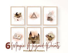 six harry potter prints with hogwart's houses and hogwarts symbols