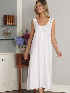 Sabrina Nightgown: Detail White Sleeveless Maxi Dress For Loungewear, Elegant White Stretch Sleepwear, White Fitted Maxi Dress For Loungewear, House Dresses Comfy, Linen Nightgown, Night Wear Dress, Cotton Night Dress, Nightgown Pattern, Bridal Nightgown