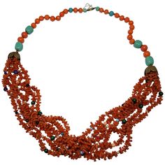 Southwest Necklace. One strand natural highly polished red Coral beads enhanced with Turquoise beads connecting to a brass cap with six strands coral sticks with scattered semi-precious beads. This necklace is a pleasing 25 inch length with a 14k yellow gold pearl clasp. Coral Beads Necklace, Pearl And Diamond Ring, Dangle Hoop Earrings, Turquoise Bead Necklaces, Silver Jewelry Necklace, Crystal Hoop Earrings, Precious Beads, Natural Coral, Native American Beading