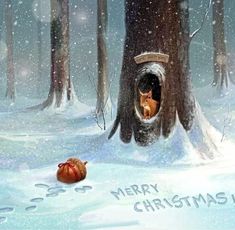 a painting of a squirrel in a tree with a merry christmas message written on it