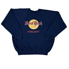 Vintage Hard Rock Cafe Sweatshirt Chicago Navy Blue There are a few stains on the front, right sleeve end, and neckline. No visible holes. The length of this sweatshirt is a bit short giving it a boxy fit. Please view the measurements. Tagged Size XL, but fits like a Boxy XL.  Measurements: Pit to pit: 23.5 Inches Length: 25.5 Inches Pit to Sleeve: 21 Inches Hard Rock Cafe Sweater, Cafe Vintage, Mens Sweaters, Rock Cafe, Hard Rock Cafe, Mens Jumpers, Hard Rock, Sweater Outfits, Sweat Shirt