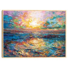 an abstract painting of the sun setting over water with blue and yellow colors on it