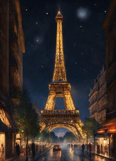 the eiffel tower lit up at night with people walking around in the street