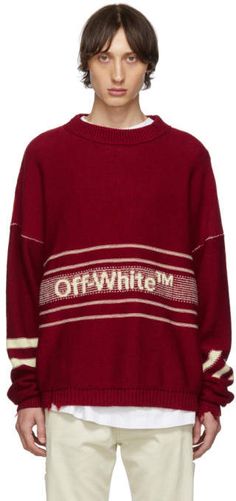 Off-White SSENSE Exclusive Red Logo Sweater Designer Winter Tops With Ribbed Cuffs, Designer Crew Neck Tops For Fall, Designer Red Tops For Fall, Designer Oversized Tops For Winter, Designer Red Crew Neck Top, Oversized Designer Tops For Streetwear, Designer Oversized Tops For Streetwear, Leo Outfits, Off White Clothing