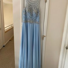 Sky Blue A-Line/Princess Floor Length Dress Blue Chiffon Evening Dress For Banquet, Blue Chiffon Evening Dress With Fitted Bodice, Blue Chiffon Evening Dress For Prom, Blue Chiffon Dress For Prom Season, Blue Floor-length Chiffon Dress For Banquet, Blue Chiffon Floor-length Dress For Banquet, Blue Floor-length Chiffon Dress For Prom, Light Blue Chiffon Formal Dress, Blue Chiffon Dress With Sheer Bodice