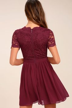 Lovely Burgundy Dress - Lace Dress - Lace Skater Dress - Lulus Cute Graduation Dresses, High School Graduation Dress, Plus Size Wedding Guest Outfits, Angel In Disguise, Women Club Dresses, Grad Dresses Short, White Dresses Graduation, Wedding Dress Evening, Bride Dress Lace