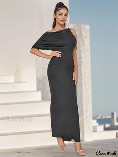 Olivia Mark - Seductive One-Shoulder Short-Sleeve Bodycon Backless Dress Short Sleeve Bodycon Dress, Camisole Dress, Backless Design, Home Dress, Pocket Dress, Types Of Skirts, Olivia Mark, Types Of Collars, Backless Dress