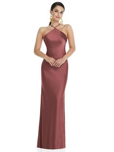 Smooth, Sleek Lux Charmeuse Instantly Elevates The Elegance Of This Formal Bias Gown. Its Diamond Halter Neck And Adjustable Straps Add A Modern Look To A Long, Formal Skirt With A Side Slit. Twirl Across The Dance Floor Or Stand Up As A Bridesmaid In Sophisticated Style. Shown In English Rose. Rose Bridesmaid Dresses, Formal Skirt, Infinity Dress, Bridal Party Dresses, Dress Order, Maxi Slip Dress, Stretch Satin, The Dance, Dance Floor