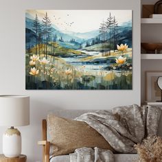 a living room scene with focus on the couch and painting hanging above it's head