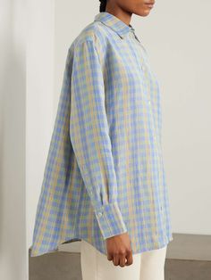 TOTEME Checked linen-blend shirt | NET-A-PORTER Chic Blue Linen Shirt, Blue Linen Shirt For Daywear, Blue And Yellow Pastel, Check Shirts For Women, Yellow Pastel, Linen Shirts Women, Blazer Shirt, Pastel Hues, Printed Linen