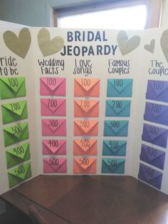 three different colored paper cards with hearts on them and the words bridal jeepary