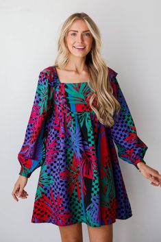 Black Dress With Colorful Pattern, Chic Black Dress With Abstract Print, Multicolor Printed Mini Dress For Night Out, Colorful Patterned Party Dress, Vibrant Colorful Patterned Dress, Colorful Party Dress With Pattern, Black Dresses With Bold Print For Spring, Spring Black Dresses With Bold Print, Spring Black Dress With Bold Print