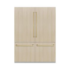 a white refrigerator freezer sitting inside of a wooden cabinet with two gold pulls on it's doors