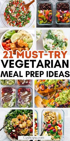 a collage of pictures with the words 2 must try vegetarian meal prep ideas on it