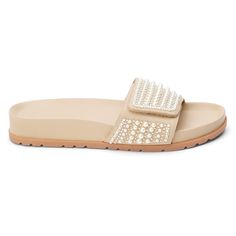 Footbed slide sandal with faux pearl detail and adjustable closure upper. $89.95 Trending Flats, Velcro Shoes, Studded Heels, Footbed Sandals, High Quality Shoes, Boot Accessories, Girls Boots, Casual Sandals, Boots For Sale