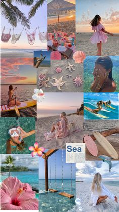 a collage of photos with the words sea written in different languages and pictures on them