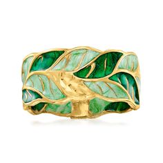 Italian Green Enamel Leaf Ring in 14kt Yellow Gold | Ross-Simons Green Jewelry, Classic Engagement Rings, Natural Gold, Leaf Ring, Enamel Ring, Gold Lace, 24kt Gold, Green Enamel, Earring Sale