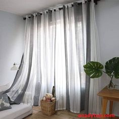 grey striped sheer curtains Living Room Draperies, Plain Curtains, Tulle Curtains, Striped Curtains, Voile Curtains, Sheer Curtain Panels, Bedroom Panel, Drape Panel, Drapery Panels