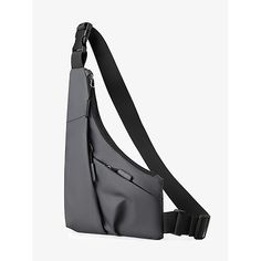 a gray bag with black straps on the bottom and one strap hanging down from it