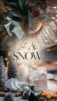 an image of christmas decorations and candles with the words let it snow written on them