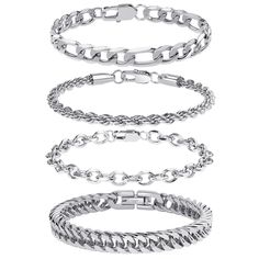 PRICES MAY VARY. 🔥FASHION BRACELET SET - stylish collection of Cuban chain bracelets designed for both men and women. Whether stacked together for a bold statement or worn individually, these bracelets exude elegance and complement any outfit effortlessly. The Figaro link design is simple yet chic, making it a go-to fashion accessory for trendsetters and fashion aficionados, be it boys, girls, or hip-hop enthusiasts. 👫JEWELRY FOR MENS & WOMEN - experience the epitome of modern classic with our Men's Jewelry, Stainless Steel Bracelet Men, Stainless Bracelet, Mens Chain Bracelet, Rope Jewelry, Fashion Jewelry Sets, Gold Plated Bracelets, Gold Fashion, Bracelet Crafts