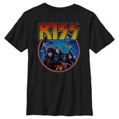 Dust off the leather pants, grab the vinyl records, and apply the face paint in these officially licensed tees for the whole family from the classic metal band KISS! This KISS Galactic Boys' Graphic T-Shirt shows off a distressed print of Gene Simmons, Ace Frehley, Paul Stanley, and Peter Criss surrounded by planets, along with the number "'76" and the classic KISS logo printed above them. Featuring your favorite musicians, these tees are sure to bring back old memories and bring out the metal i Retro Black T-shirt For Fan Conventions, Black T-shirt With Heat Transfer Vinyl Band Merch, Kiss Logo, Band Kiss, Peter Criss, Old Memories, Paul Stanley, Ace Frehley, Gene Simmons