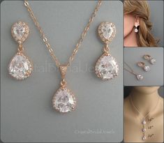 Cubic Zirconia necklace is available in 16 (40.5cm), 18 inches 45.5cm) and 20 inches (51cm) long and it has an extension of about 2 inches (5cm) long. Please add the necklace length you prefer in personalization. Earrings are available in 6 styles and 4 closure. Please choose the style (closure) for earrings. 1) Round studs - about 1 inches (2.5cm) long 2) Leaf studs - about 1.20 inches (3cm) long 3) Drop clip ons - about 1.25 inches (3.2cm) long 4) Drop studs - about 1.25 inches (3.2cm) long 5) Rose Gold Drop Jewelry For Party, Rose Gold Cubic Zirconia Drop Jewelry, Rose Gold Teardrop Crystal Jewelry, Rose Gold Jewelry Set With Elegant Design For Gifts, Rose Gold Dangle Jewelry Sets With Matching Earrings, Elegant Rose Gold Drop Jewelry, Bridesmaid Jewelry Gift, Bridal Earrings Studs, Bridal Jewels