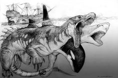 a drawing of two dinosaurs attacking each other in front of an ocean scene with ships