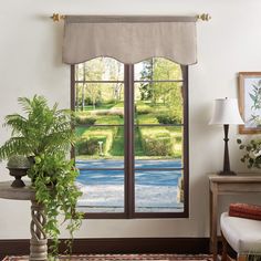 a living room scene with focus on the window and potted plant in the foreground