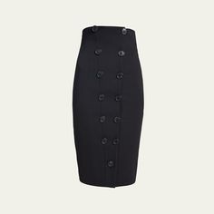 ALAIA hourglass pencil skirt features two-row button front  High rise  Hem hits around the knee Knee length  Pencil style Virgin wool Made in Italy Office Midi Skirt With Buttons, Elegant High-waisted Pencil Skirt With Button Closure, Elegant High Waist Pencil Skirt With Buttons, Office Midi Skirt With Button Closure, Chic Workwear Skirt With Button Zip Fly, Chic Workwear Skirt With Buttons, Chic Buttoned Skirt For Workwear, Elegant Knee-length Skirt With Buttons, Elegant Knee-length Buttoned Skirt