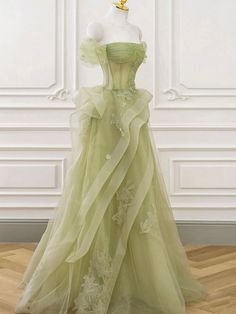 Sage Green Prom Dress, Graduation Dresses Long, Off Shoulder Tulle, Era Victoria, Kain Tile, Lace Long Prom Dress, Green Formal Dresses, Green Tulle, Floor Length Prom Dresses