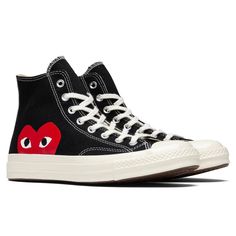 Comme Does Garons Play Converse Black With Off White Soles And Red Heart Size: Mens 5.5 / Womens 7 *Comes With Box Worn A Few Times, I’m Sure Someone Else Will Get More Use Out Of These Than Me Black Converse With Heart, Converse Cdg High, Converse Heart Shoes, Cdg Shoes, Comes Des Garcons, Commes Des Garcons Converse, Come Des Garcons, Zapatillas All Star, Cdg Heart