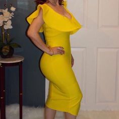 Amazing For Any Event! New Never Worn Before! Excellent Material Elegant Yellow Stretch Midi Dress, Elegant Stretch Yellow Midi Dress, Yellow Midi Bodycon Dress For Party, Elegant Yellow Bodycon Dress, Chic Yellow Bodycon Dress For Spring, Yellow Knee-length Midi Dress For Night Out, Chic Yellow Midi Dress For Night Out, Elegant Yellow Bodycon Summer Dress, Elegant Yellow Bodycon Dress For Brunch