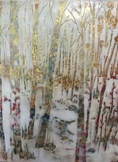 an abstract painting of trees in the snow