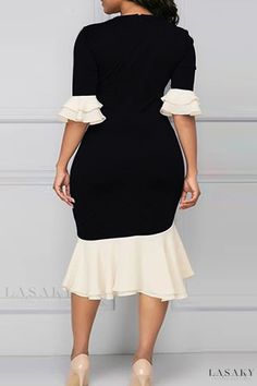 Lasaky - Sophisticated Bandage Patchwork Irregular Dress with O Neck Design for Plus Size Women White Spliced Dress For Party, Knee-length Spliced Party Dress, Fitted Black Dress With Splicing, Elegant V-neck Dress With Splicing, Fitted White Dress With Splicing Detail, White Fitted Dress With Splicing Details, Elegant Formal Patchwork Dresses, Elegant White Mini Dress With Splicing, Elegant Formal Dress With Patchwork