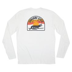 SURFING GATOR LONG SLEEVE TEE - WHITE - Sunshine State® Florida Shirt, Five Panel Cap, Soft Graphic, Coffee Branding, Sunshine State, Long Sleeve Tee, Black Tee, Mens Long Sleeve, Surfing