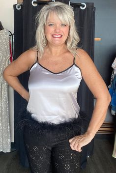 Reversible Silver on One Side, Black on The Other Feather Trim 95% Polyester, 5% Spandex Size S-L Sleeveless Feather Trim Tops For Spring, Sleeveless Tops With Feather Trim For Spring, Spring Sleeveless Tops With Feather Trim, Sleeveless Feather Trim Party Tops, Feather Trim, Discount Offer, Spandex, Satin, Trim