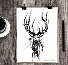 a black and white drawing of a deer with antlers on it's head