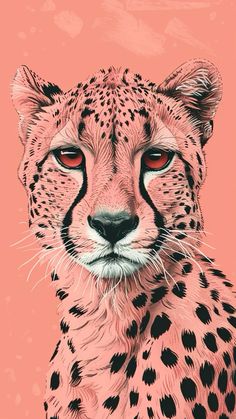 a drawing of a cheetah's face with red eyes on a pink background