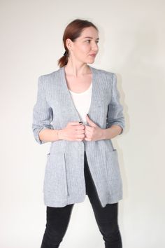 "Linen jacket is a simple and classic jacket for warmer or colder weather. This classic blazer is handmade from heavy weight linen and is perfect for casual wear or for office, you will always look elegant.  This oversized jacket with loose cut  and patch pockets is very comfortable and easy to wear. This jacket has one button at the waist and no lining. SIZING:  Garment measurements: Size XXS Bust: 92 cm / 36,2 \" Hips: 100 cm / 39,3 \" Sleeves: 62 cm / 24,4 \" Jacket length: 78 cm / 30,7 \" Si Winter Fitted Linen Tweed Jacket, Office Linen Blazer With Pockets, Elegant Linen Blazer For Winter, Office Linen Single-breasted Outerwear, Office Linen Outerwear With Pockets, Elegant Winter Linen Blazer, Spring Business Casual Tweed Jacket With Pockets, Spring Tweed Jacket With Pockets For Business Casual, Notch Lapel Linen Outerwear For Office