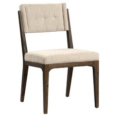 a chair with a white upholstered seat and wooden frame, against a white background