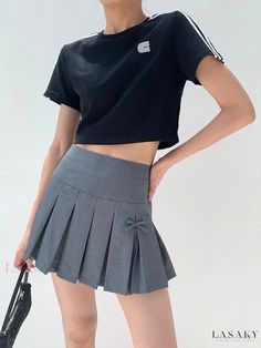 Lasaky - Hongshan Academy Pleated Skirt - High Waist Mini Skirt with Bow Tie Design (Complimentary Shorts) Casual Gray Skirted Skort, Casual Pleated Gray Skort, Gray Pleated Casual Skort, Gray Cotton Mini Skirt, Fitted Gray Casual Skirt, Trendy Pleated Gray Bottoms, Fitted Gray Pleated Skirt For Summer, Fitted Gray Pleated Summer Skirt, Gray Fitted Pleated Skirt For Summer