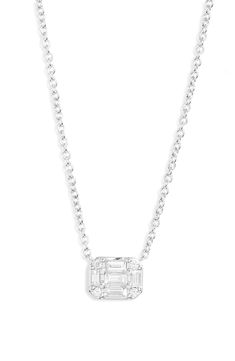 This 18-karat-gold necklace brings delicate shine to everyday looks with a square pendant illuminated by circular and emerald-cut diamonds. 16" length; 1/4" square pendant Lobster clasp closure Total diamond weight: 0.28ct. Color: G-H Clarity: VS2-SI1 18k gold/diamond Made in the USA >Diamond Guide Diamond Guide, Square Pendant, Emerald Cut Diamonds, Diamond Pendant Necklace, Emerald Cut, Diamond Pendant, Everyday Look, Lobster Clasp, Gold Diamond